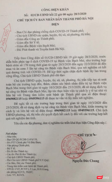 Công điện khẩn của Chủ tịch UBND TP. Hà Nội. Ảnh: Minh Thúy