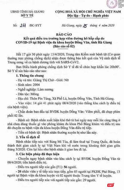 Báo cáo của Sở Y tế Hà Giang về bệnh nhân 268 mắc COVID-19. Ảnh: Minh Thúy