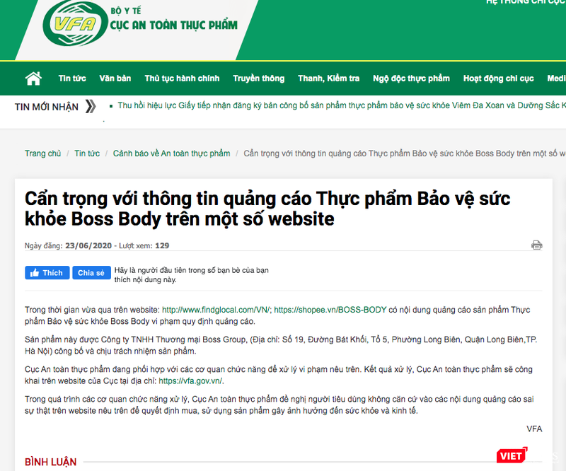 Cục An toàn thực phẩm khuyến cáo người tiêu dùng cẩn trọng với quảng cáo sản phẩm thực phẩm bảo vệ sức khỏe Boss Body. (Ảnh chụp màn hình trên website  https://vfa.gov.vn/.)