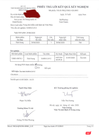 Kết quả xét nghiệm của người đàn ông về từ Trung Quốc (Ảnh - Minh Thúy)