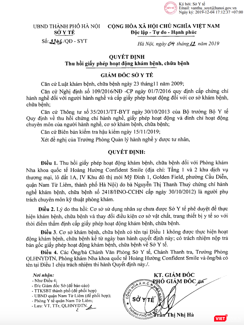 Quyết định thu hồi giấy phép hoạt động khám bệnh, chữa bệnh của Sở Y tế Hà Nội đối với phòng khám Nha khoa quốc tế Hoàng Hường Confident Smile (Ảnh: Minh Thúy)