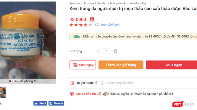 Sản phẩm Bảo Lâm trắng da ngừa trị mụn được bày bán trên một trang thương mại điện tử (Ảnh chụp màn hình)