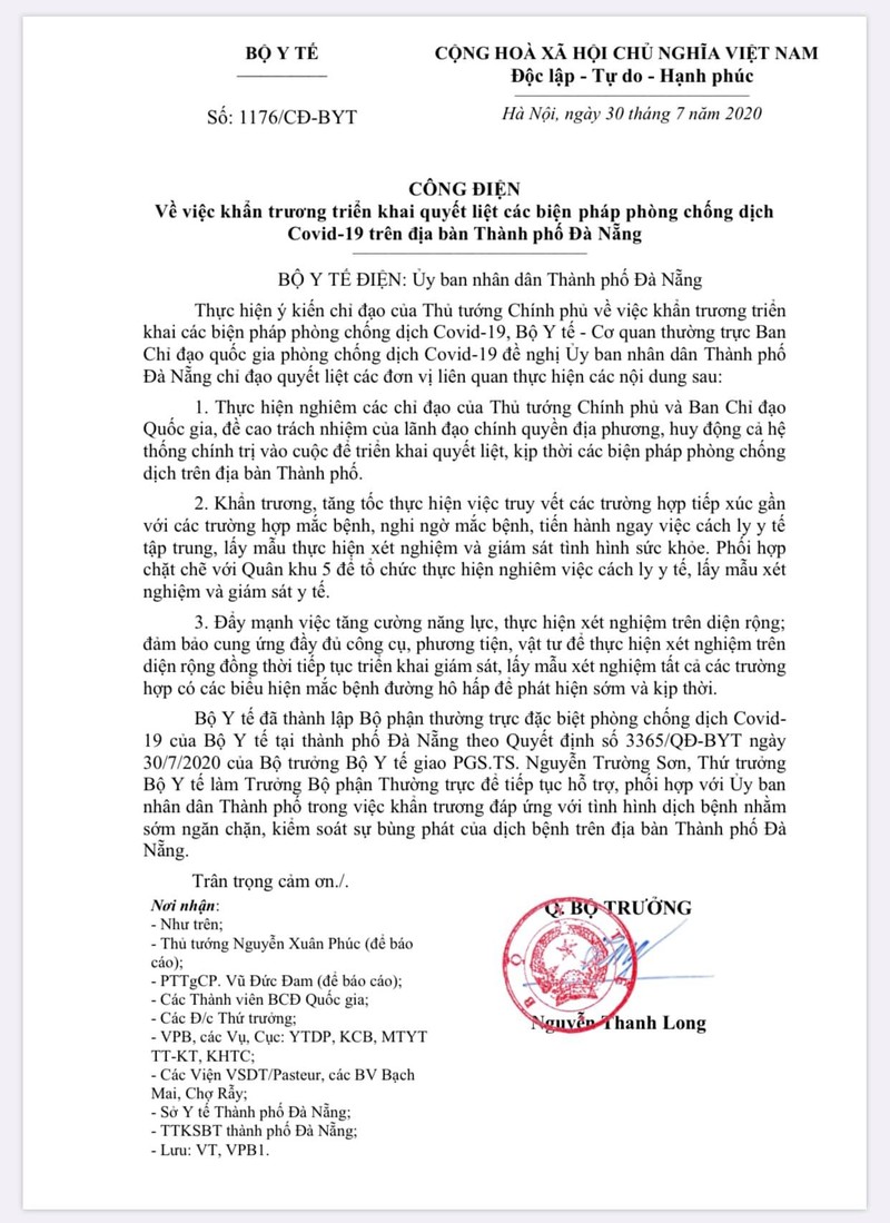 Công điện của Bộ Y tế gửi UBND TP. Đà Nẵng về việc khẩn trương triển khai quyết liệt các biện pháp phòng, chống dịch COVID-19 trên địa bàn thành phố (Ảnh: Vũ Mạnh Cường)