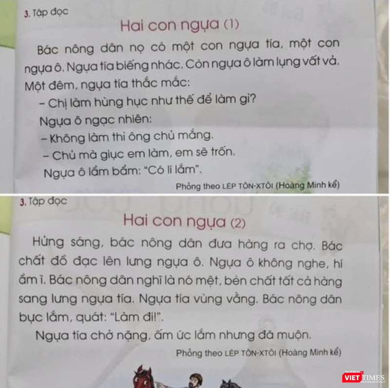 Hình ảnh bài tập đọc "Hai con ngựa" được chụp từ SGK Tiếng Việt 1 Cánh Diều (Ảnh: Facebook H.V)