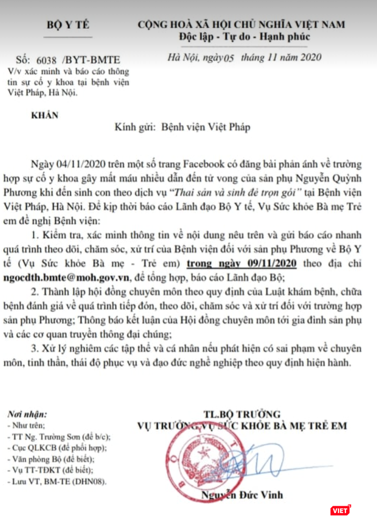 Văn bản của Vụ Sức khoẻ Bà mẹ Trẻ em đề nghị Bệnh viện Việt Pháp xác minh và báo cáo thông tin sự cố y khoa xảy ra tại Bệnh viện (Ảnh: Minh Thuý)