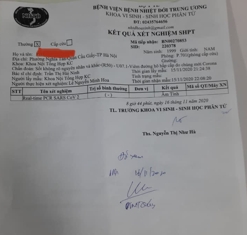 Kết quả xét nghiệm của bệnh nhân 1.032 (Ảnh: Bộ Y tế)