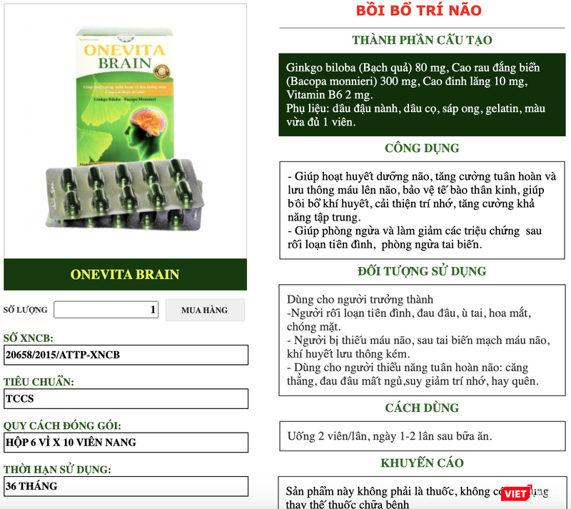 Thực phẩm bảo vệ sức khoẻ Onevita Brain được quảng cáo trên website vannienminh.com (Ảnh - VT) Thực phẩm bảo vệ sức khoẻ Onevita Brain được quảng cáo trên website vannienminh.com (Ảnh - VT)