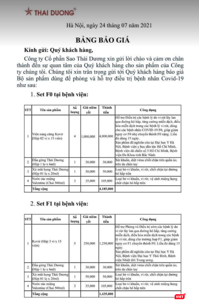 Bảng giá set F0, F1 điều trị ở bệnh viện (Ảnh - VT)
