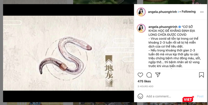 Angela Phương Trinh quảng cáo địa long chữa được COVID-19 trên instagram (Ảnh - VT) 