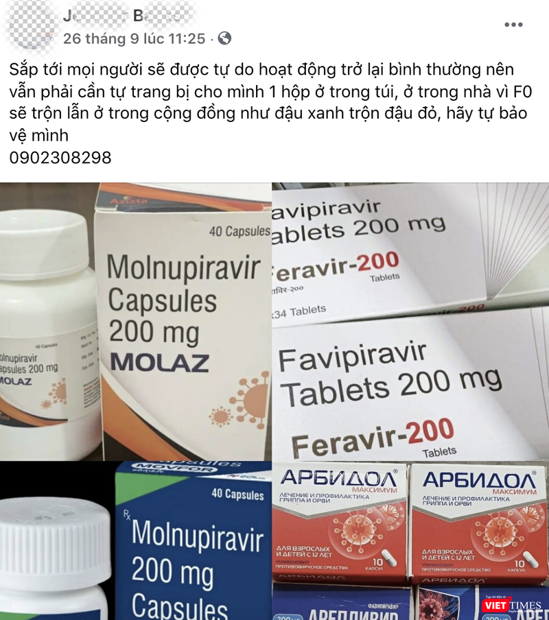 Bài đăng chào mời mua thuốc điều trị COVID-19 trên Facebook có tên J.B (Ảnh - MT) Bài đăng chào mời mua thuốc điều trị COVID-19 trên Facebook có tên J.B (Ảnh - MT)