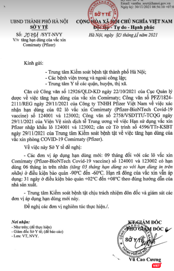 Văn bản của Sở Y tế Hà Nội về việc tăng hạn dùng của vaccine Pfizer (Ảnh - TH) Văn bản của Sở Y tế Hà Nội về việc tăng hạn dùng của vaccine Pfizer (Ảnh - TH)