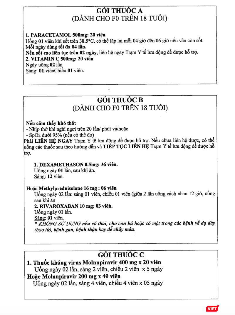 3 gói thuốc A,B,C dành cho F0 điều trị tại nhà (Ảnh - Minh Thuý)