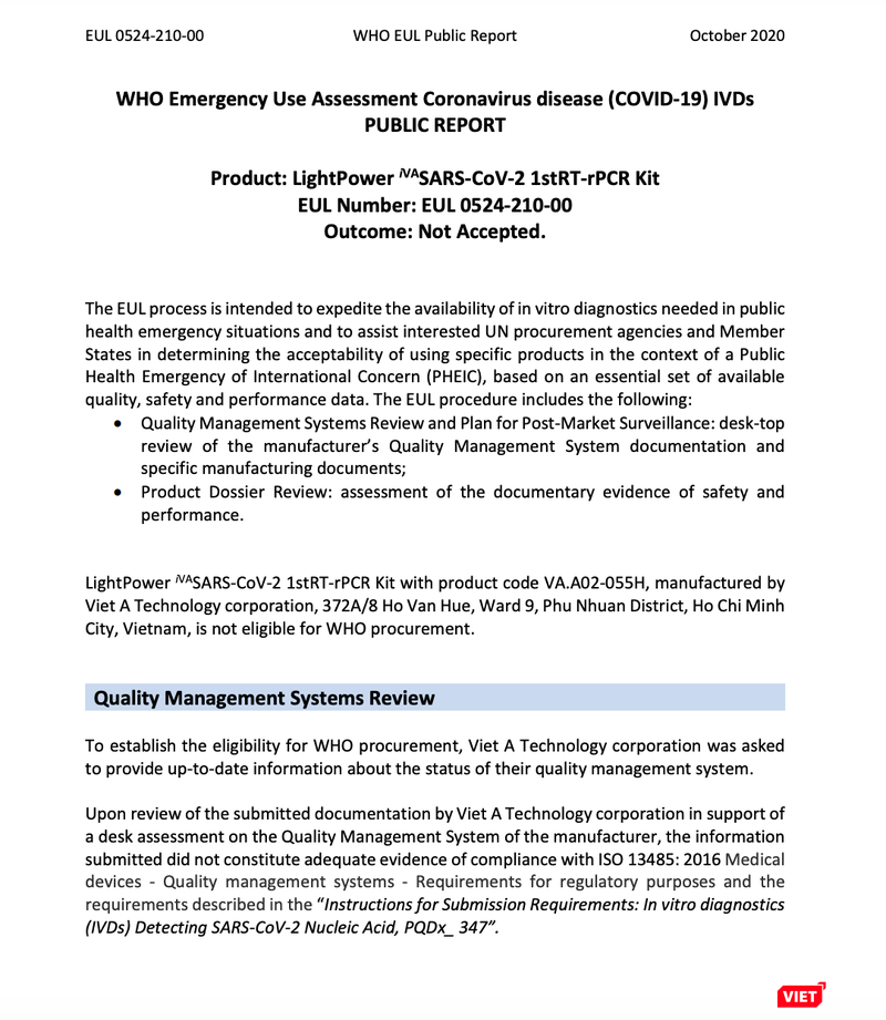 Thông báo của WHO không chấp thuận bộ kit xét nghiệm COVID-19 của Công ty Việt Á (Ảnh - VT)