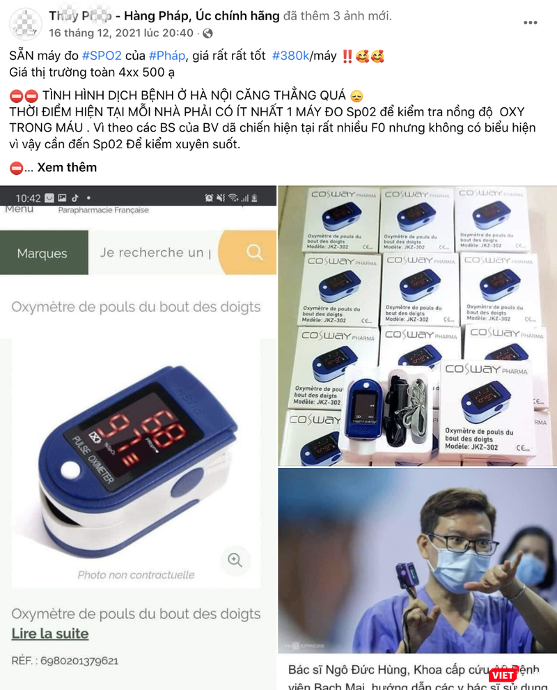 Máy đo SpO2 tên COSWAY PHARMA của Pháp giá 380.000 đồng/máy (Ảnh - MT)