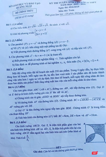 Đề thi chính thức vào lớp 10 môn Toán năm học 2019-2020 của Sở GD&ĐT tỉnh Quảng Ngãi Đề thi chính thức vào lớp 10 môn Toán năm học 2019-2020 của Sở GD&ĐT tỉnh Quảng Ngãi