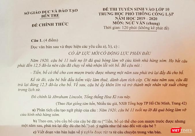 Đề thi môn Ngữ văn trong kỳ tuyển sinh lớp 10 tại Bến Tre Đề thi môn Ngữ văn trong kỳ tuyển sinh lớp 10 tại Bến Tre