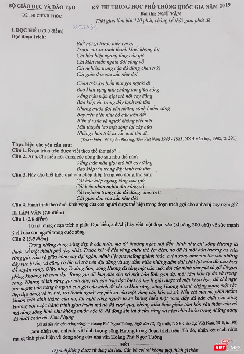 Đề thi chính thức môn Ngữ văn của kỳ thi THPT quốc gia 2019