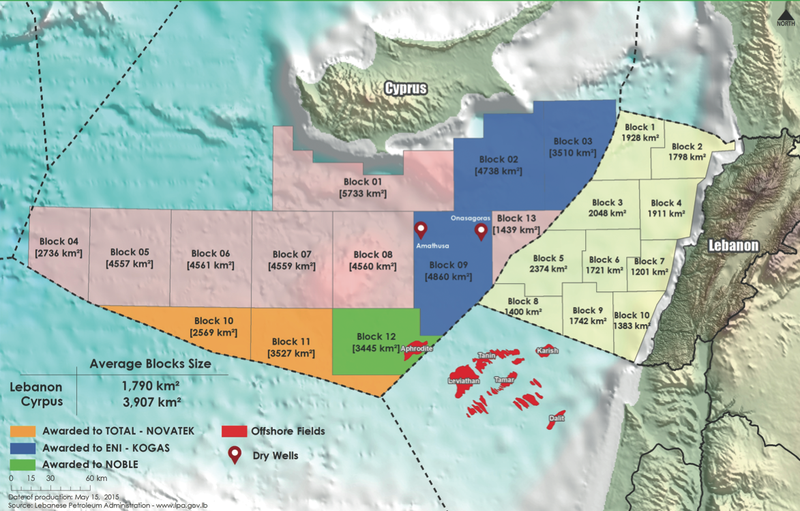 Các vùng dầu khí tiềm năng tại Lebanon.