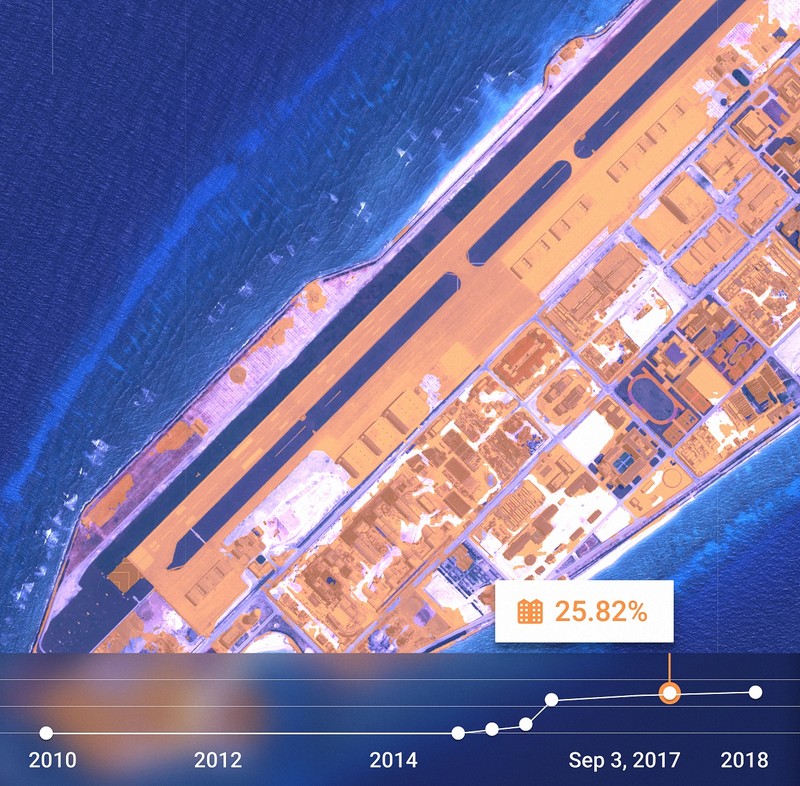 Ảnh ngày 3.9.2017, Đá Chữ Thập đã có tới 0,91km2 công trình xây dựng phi pháp của Trung Quốc. Ảnh ngày 3.9.2017, Đá Chữ Thập đã có tới 0,91km2 công trình xây dựng phi pháp của Trung Quốc.
