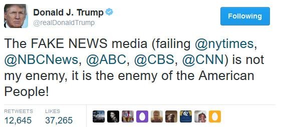 Ông Trump đưa lên dòng tweet về tin tức giả, chỉ trích các kênh New York Times, NBC News, ABC, CBS và CNN. Ông nói các kênh này không phải là kẻ thù của ông mà là kẻ thù của người dân Mỹ. Ông Trump đưa lên dòng tweet về tin tức giả, chỉ trích các kênh New York Times, NBC News, ABC, CBS và CNN. Ông nói các kênh này không phải là kẻ thù của ông mà là kẻ thù của người dân Mỹ.