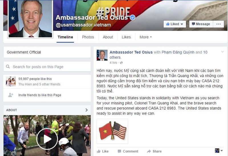 Chia sẻ của Ted Osius trên mạng xã hội Facebook.