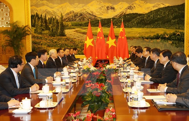 Tổng Bí thư Nguyễn Phú Trọng hội kiến với Ủy viên Thường vụ Bộ Chính trị, Thủ tướng Quốc vụ viện Trung Quốc Lý Khắc Cường. (Ảnh: Trí Dũng/TTXVN)