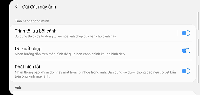 Mở ứng dụng Máy ảnh >Mở Cài đặt máy ảnh > Bật các tùy chọn như trên hình để có được một ứng dụng camera thông minh nhất. Mở ứng dụng Máy ảnh >Mở Cài đặt máy ảnh > Bật các tùy chọn như trên hình để có được một ứng dụng camera thông minh nhất.