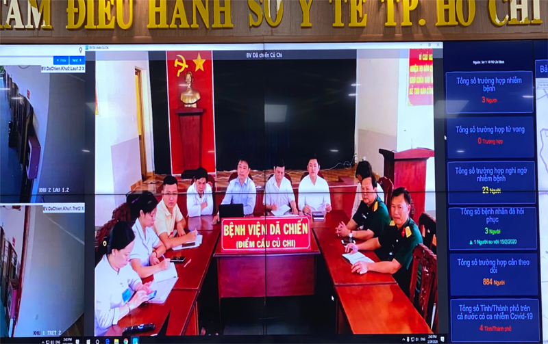Giao ban trực tuyến hàng tuần của lãnh đạo Sở Y tế với Ban Giám đốc BV Dã chiến Củ Chi. Ảnh: SYT