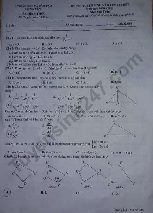 Đáp án đề thi vào lớp 10 môn Toán tỉnh Hưng Yên - Trang 1/4 Đáp án đề thi vào lớp 10 môn Toán tỉnh Hưng Yên - Trang 1/4