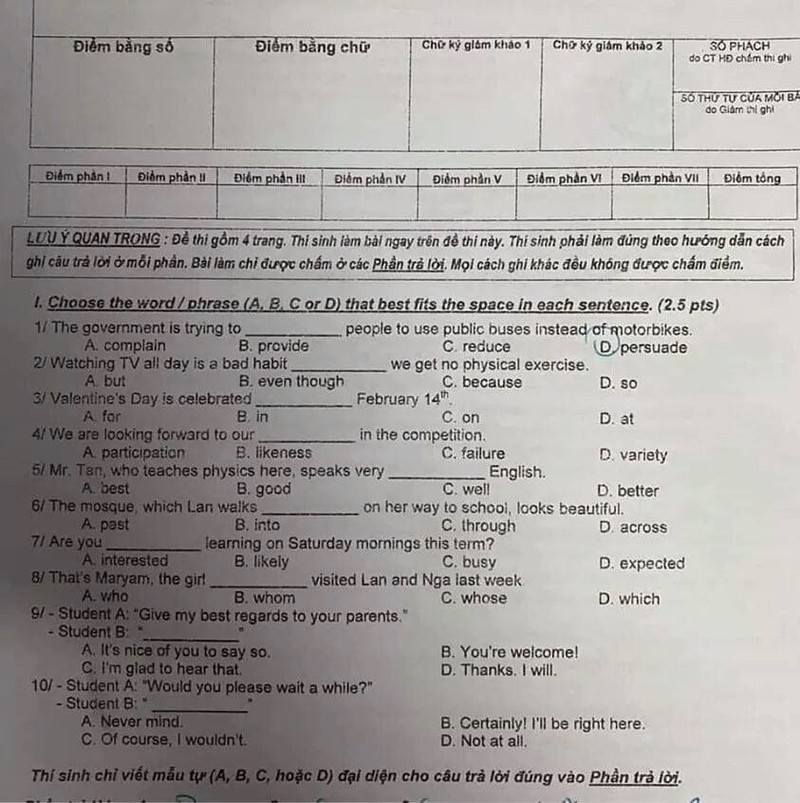 Đề thi tuyển sinh vào lớp 10 môn Anh, TPHCM năm 2020. Trang 1/4