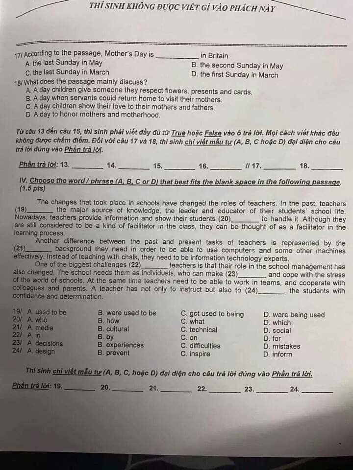 Đề thi tuyển sinh vào lớp 10 môn Anh, TPHCM năm 2020. Trang 3/4