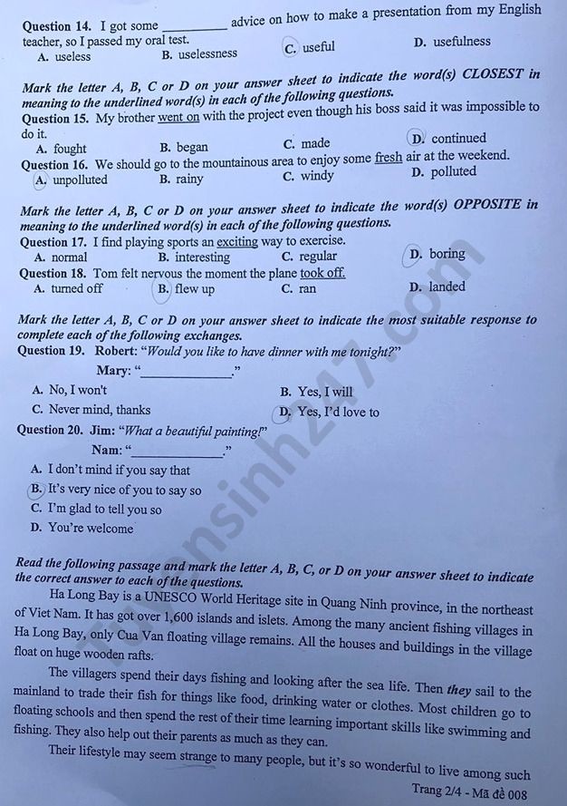 Đề thi tuyển sinh vào lớp 10 môn Tiếng Anh TP Hà Nội năm 2020. Trang 2/4. Nguồn: TTHN