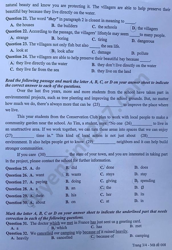 Đề thi tuyển sinh vào lớp 10 môn Tiếng Anh TP Hà Nội năm 2020. Trang 3/4. Nguồn: TTHN