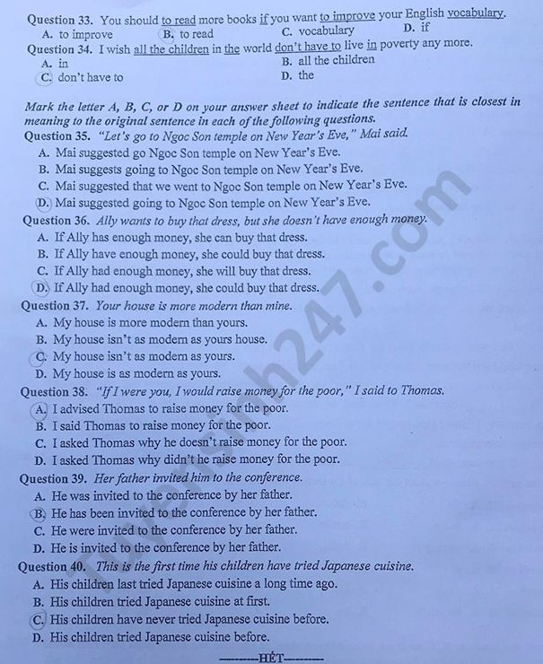 Đề thi tuyển sinh vào lớp 10 môn Tiếng Anh TP Hà Nội năm 2020. Trang 4/4. Nguồn: TTHN