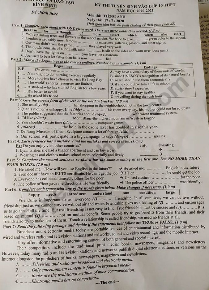 Đề thi tuyển sinh vào lớp 10 môn Tiếng Anh tỉnh Bình Định năm 2020. Nguồn: TTNH