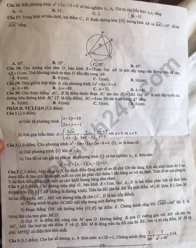 Đề thi tuyển sinh vào lớp 10 môn Toán tỉnh Bắc Giang năm 2020. Ảnh: TTHN