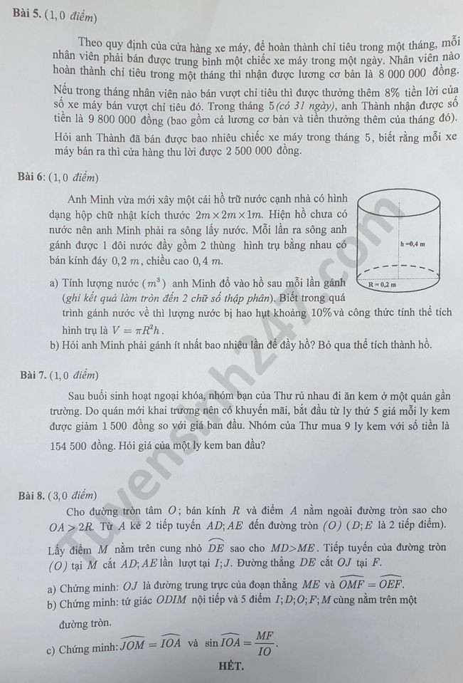 Đề thi tuyển sinh vào lớp 10 môn Toán TPHCM năm 2020. Ảnh: TTHN Đề thi tuyển sinh vào lớp 10 môn Toán TPHCM năm 2020. Ảnh: TTHN