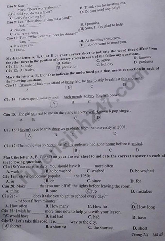 Đề thi tuyển sinh vào lớp 10 môn Tiếng Anh tỉnh Nghệ An năm 2020. Trang 2/4. Nguồn: TTHN