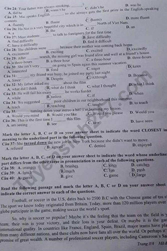 Đề thi tuyển sinh vào lớp 10 môn Tiếng Anh tỉnh Nghệ An năm 2020. Trang 3/4. Nguồn: TTHN