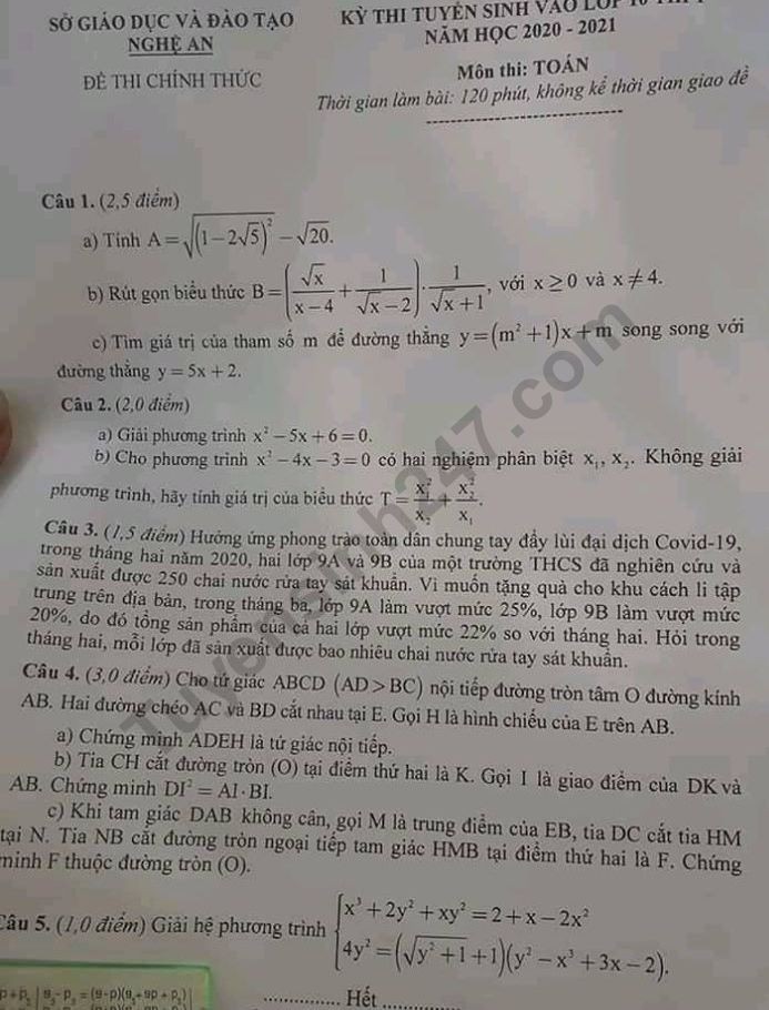 Đề thi tuyển sinh vào lớp 10 môn Toán tỉnh Nghệ An năm 2020. Nguồn: TTHN Đề thi tuyển sinh vào lớp 10 môn Toán tỉnh Nghệ An năm 2020. Nguồn: TTHN