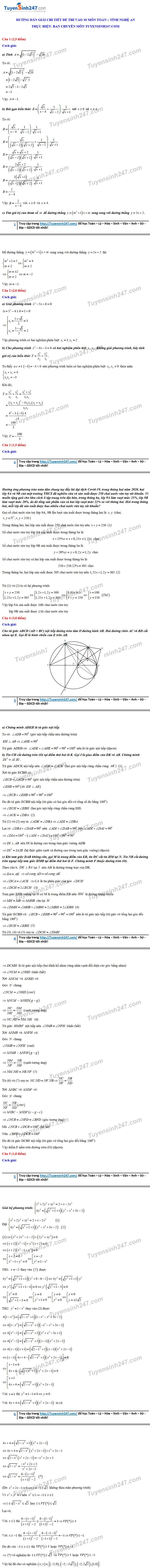Đáp án tham khảo đề thi tuyển sinh vào lớp 10 môn Toán tỉnh Nghệ An năm 2020. Nguồn: TTHN Đáp án tham khảo đề thi tuyển sinh vào lớp 10 môn Toán tỉnh Nghệ An năm 2020. Nguồn: TTHN