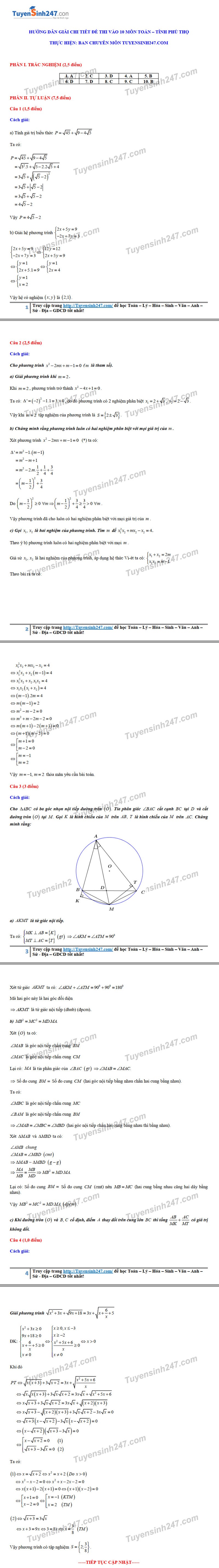 Đáp án tham khảo đề thi tuyển sinh vào lớp 10 môn Toán tỉnh Phú Thọ năm 2020. Nguồn: TTHN Đáp án tham khảo đề thi tuyển sinh vào lớp 10 môn Toán tỉnh Phú Thọ năm 2020. Nguồn: TTHN