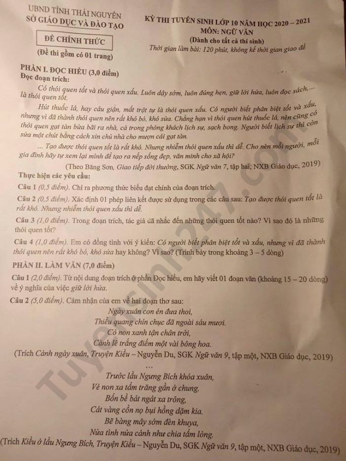 Đề thi tuyển sinh vào lớp 10 môn Ngữ Văn tỉnh Thái Nguyên năm 2020. Nguồn: TTHN