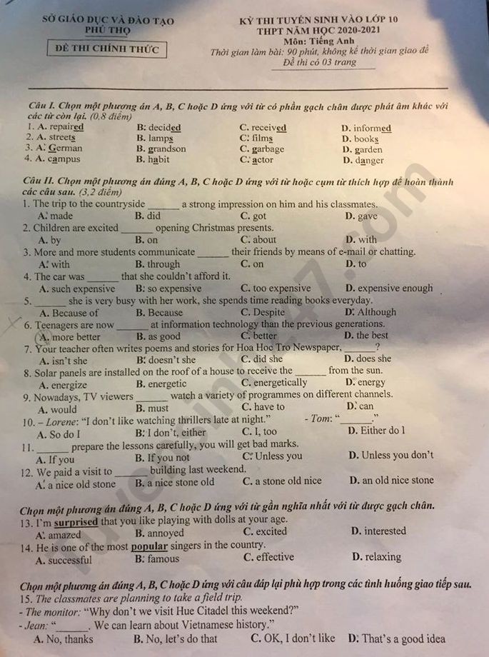 Đề thi tuyển sinh vào lớp 10 môn Tiếng Anh tỉnh Phú Thọ năm 2020. Trang 1/3. Nguồn: TTHN.