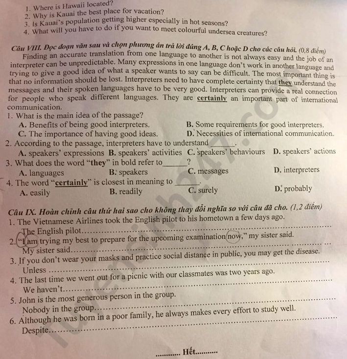 Đề thi tuyển sinh vào lớp 10 môn Tiếng Anh tỉnh Phú Thọ năm 2020. Trang 3/4. Nguồn: TTHN