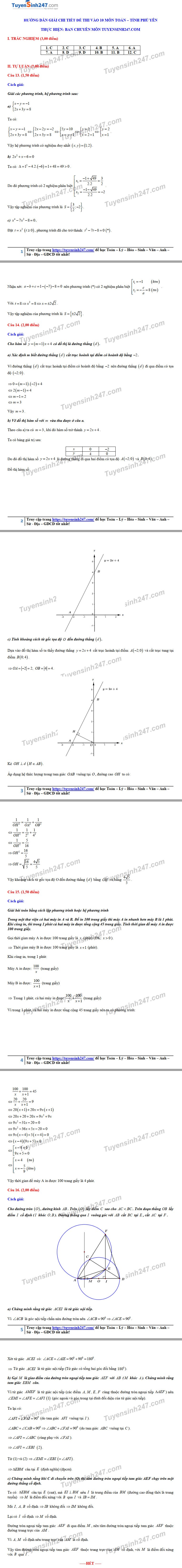 Đáp án tham khảo đề thi tuyển sinh vào lớp 10 môn Toán tỉnh Phú Yên năm 2020. Nguồn: TTHN