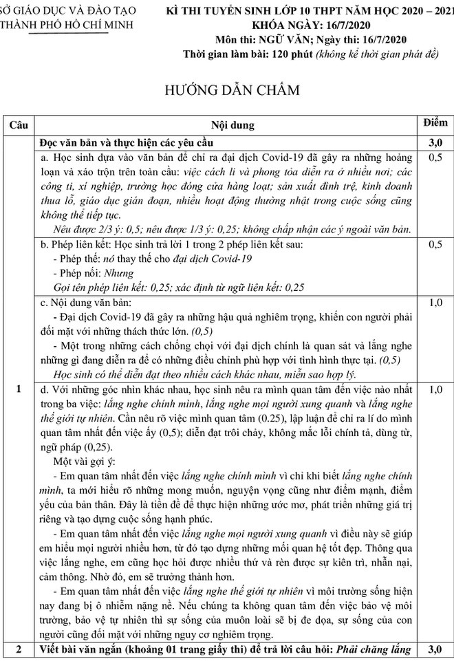Sở GD-ĐT TP.HCM công bố đáp án đề thi tuyển sinh vào lớp 10 môn Ngữ Văn TP.HCM năm 2020. Nguồn: Sở GD-ĐT TP.HCM Sở GD-ĐT TP.HCM công bố đáp án đề thi tuyển sinh vào lớp 10 môn Ngữ Văn TP.HCM năm 2020. Nguồn: Sở GD-ĐT TP.HCM