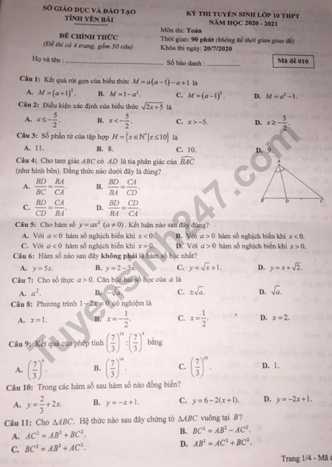 Đề thi tuyển sinh vào lớp 10 môn Toán tỉnh Yên Bái năm 2020. Trang 1/4. Nguồn: TTHN Đề thi tuyển sinh vào lớp 10 môn Toán tỉnh Yên Bái năm 2020. Trang 1/4. Nguồn: TTHN