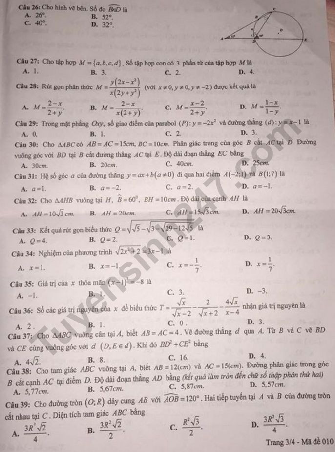 Đề thi tuyển sinh vào lớp 10 môn Toán tỉnh Yên Bái năm 2020. Trang 3/4. Nguồn: TTHN Đề thi tuyển sinh vào lớp 10 môn Toán tỉnh Yên Bái năm 2020. Trang 3/4. Nguồn: TTHN