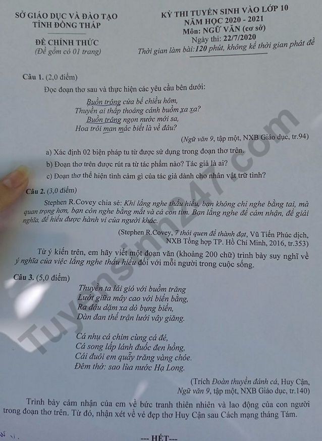 Đề thi tuyển sinh vào lớp 10 môn Ngữ Văn tỉnh Đồng Tháp năm 2020. Nguồn: TTHN